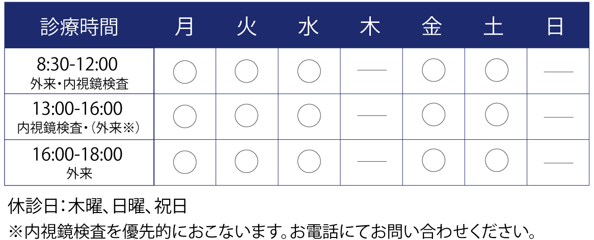 診察時間は月曜、火曜、木曜、金曜、土曜日の午前9:00から12:00、午後14:00から18:00となります。